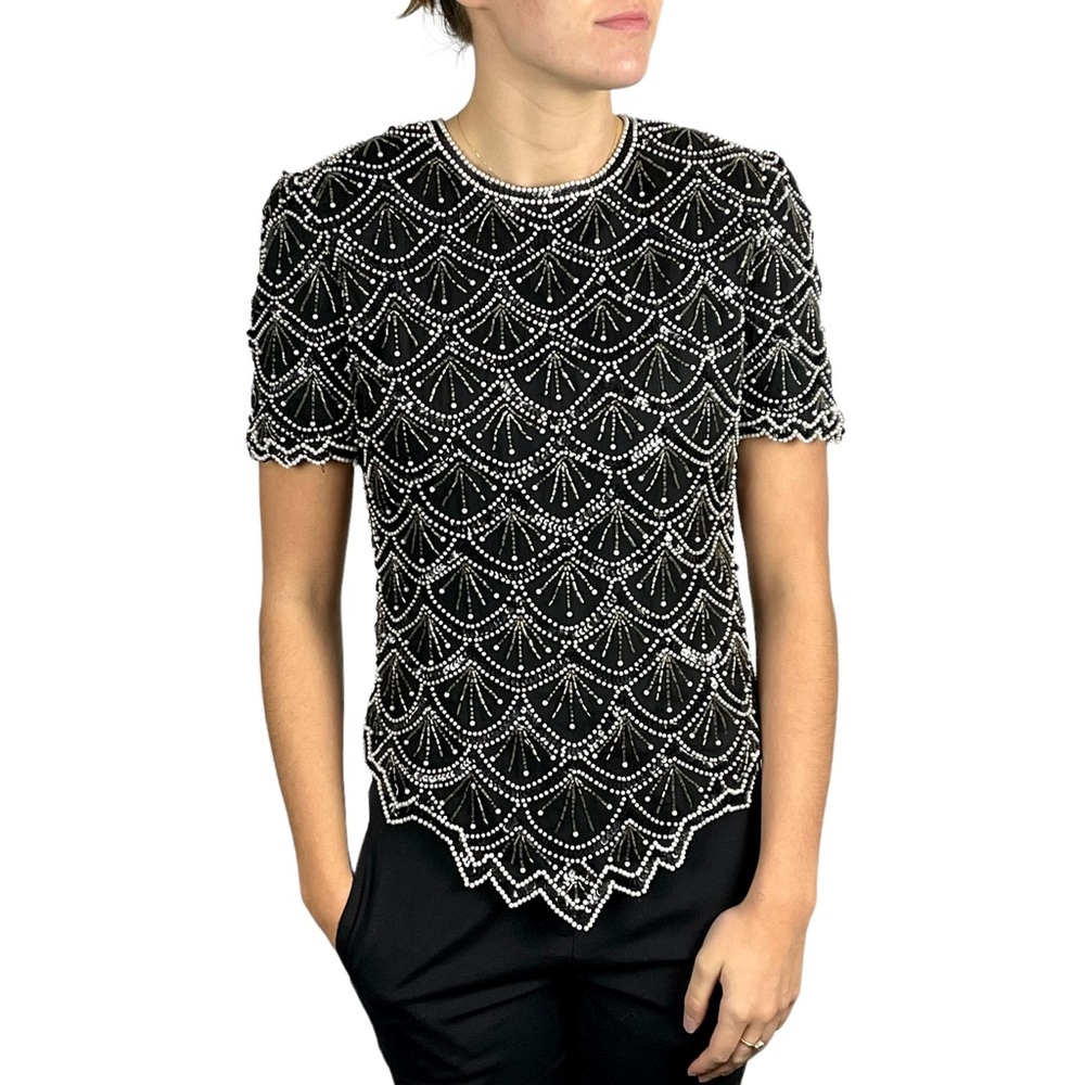 ADRIANNA PAPELL ART DECO SCALLOP BEAD EMBELLISHED BLACK SILK EVENING BLOUSE TOP
